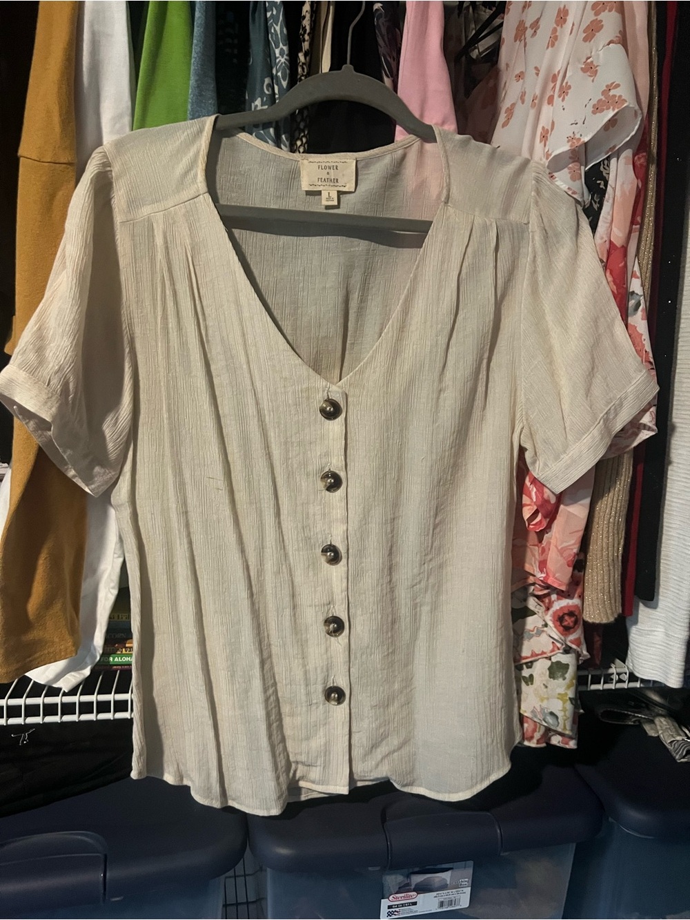 Sleeve-Button Ivory V-Neck Women's Blouse -